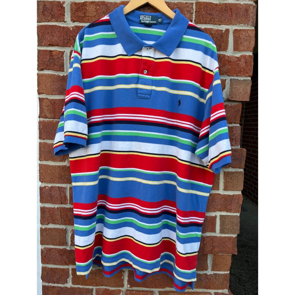 Polo Ralph Lauren Mens 3XLT Tall Multi Color Striped Pique Polo Shirt Blue Red